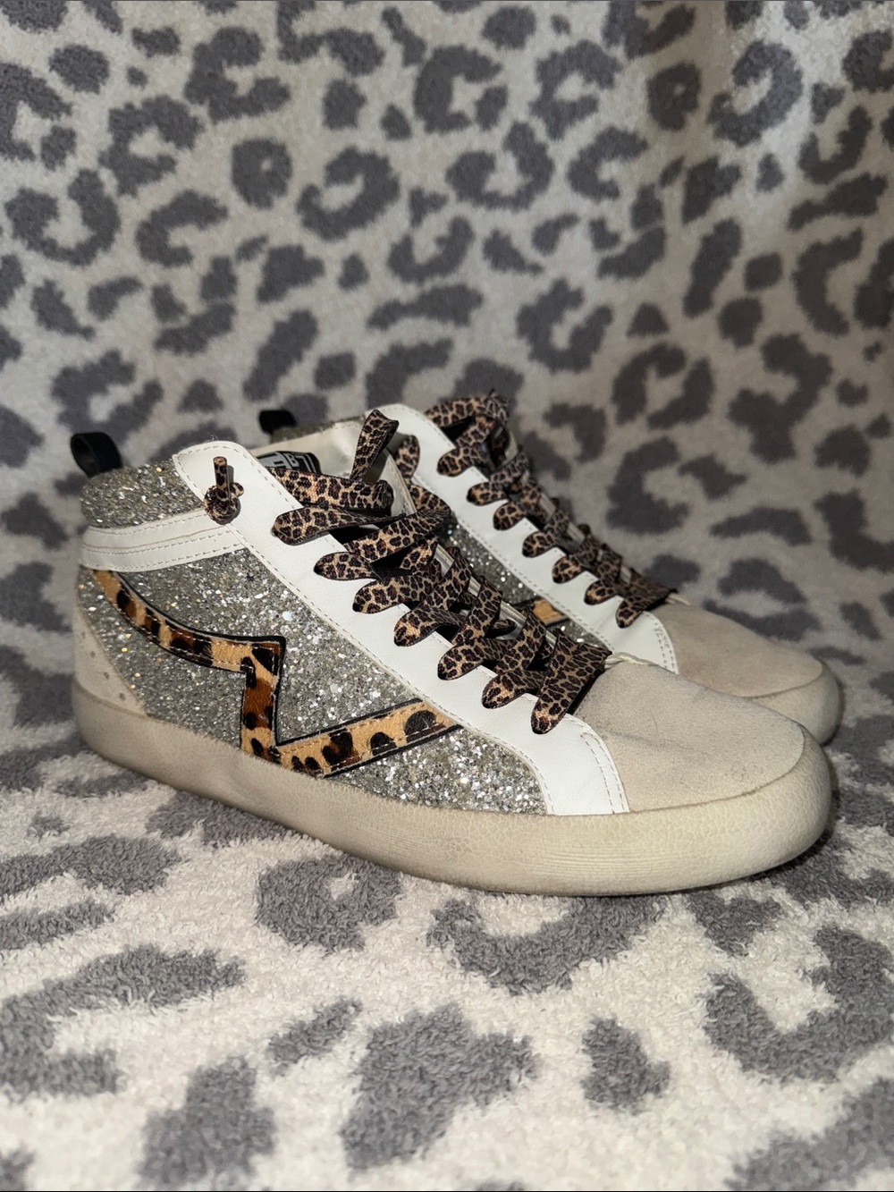 Women's Gianni Bini Glitter High-Top Sneaker with Leopard Trim - 8